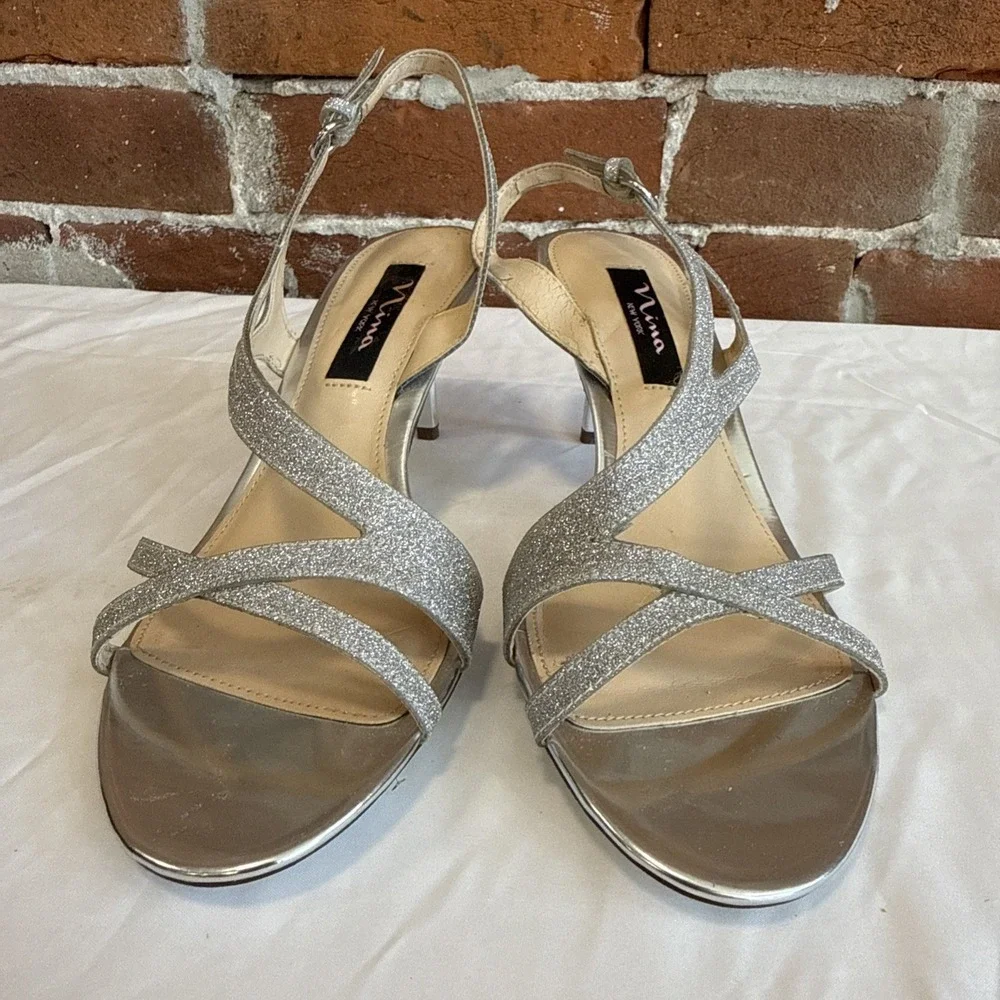 Y2K Silver Nina Heels Size 8.5 Glitter Slingback Sandals, Strappy Glam Look New